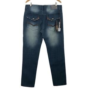 Chili Pepper Men's Jeans 36 Straight Leg Embellished Distressed Med Wash NWT